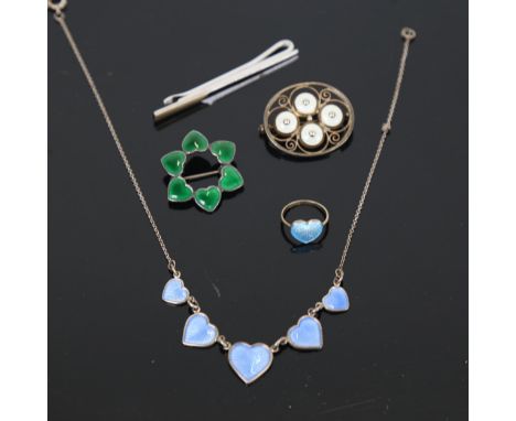 VOLMER BAYNER - a silver and heart-shaped blue enamel panel bracelet, a silver and green enamel brooch etc 