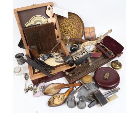 Various collectables, including measuring tape, ceramic bell, Meerschaum pipe etc (boxful) 