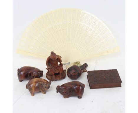 Various Oriental items, including carved wood pig netsuke, seated elder figure etc 