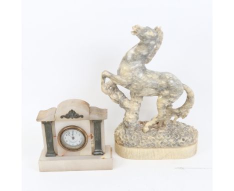 A marble-cased mantel clock, height 15.5cm, horse, teak copper jug etc 