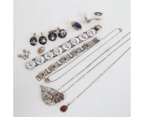 Danish silver pendants, cufflinks, Siam silver cufflinks, enamel panel bracelet etc 