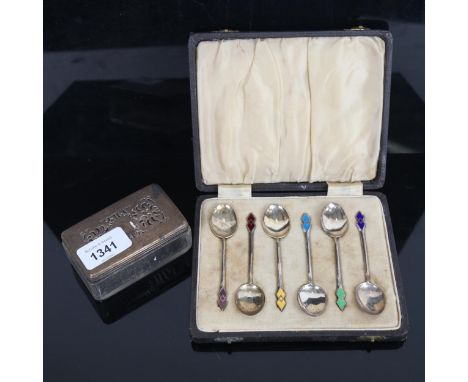 A set of 6 George V silver and enamel coffee spoons, and a glass and silver-lidded pot pourri pot 