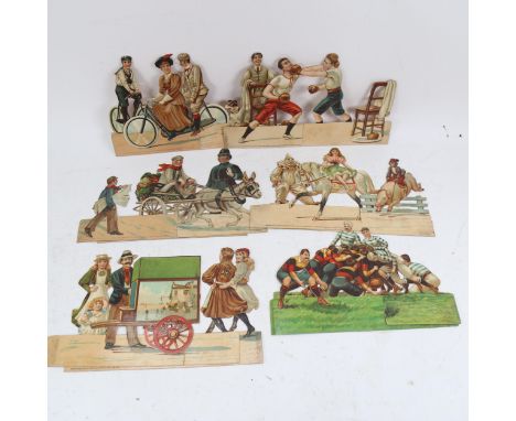 6 Edwardian Birn Brothers pop-up chromolithograph card toys, length approx 27cm each, depicting a football match, an organ gr