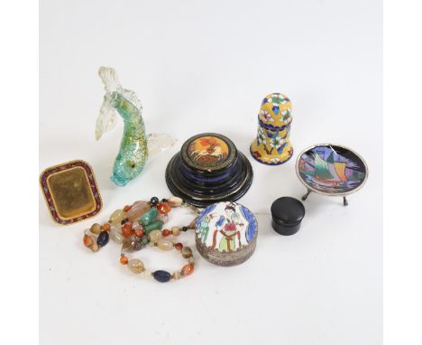 Various collectables, including Russian black lacquer Palekh box, butterfly wing dish, cloisonne enamel box etc 