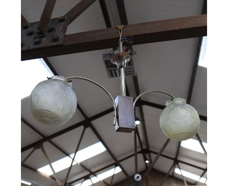 An Art Deco style ceiling light fitting, with moulded glass globes, 58cm across 