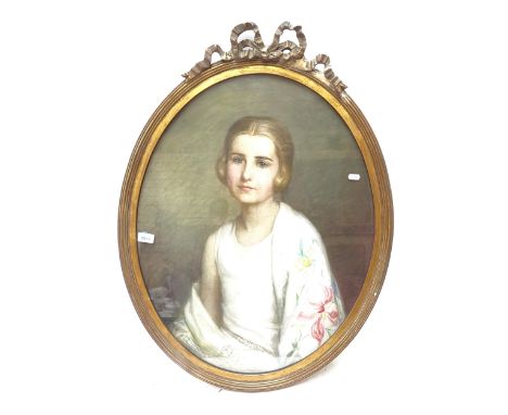 E Eyres, oval pastels, portrait of a young lady in a floral decorated shawl, in a ribbon-mounted gilt frame, overall 63cm x 8