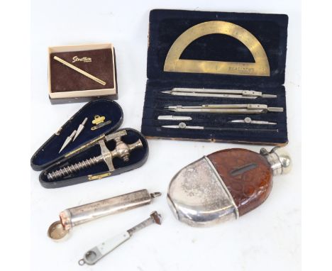 Various collectables, including silver cheroot holder case, small silver plated crocodile hip flask etc 