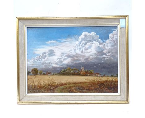Oliver Trowel, oil on board, landscape church study, framed, 48cm x 37cm 