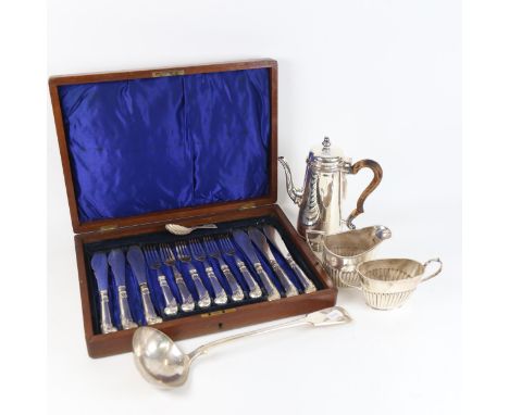 A canteen of mixed plated cutlery, hot water jug, ladle etc 
