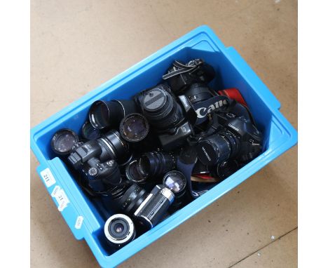 Various Vintage 35mm single lens reflex and film cameras, including Praktica, Cannon, lenses etc (boxful) 