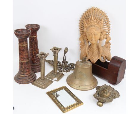 A Bethune military bell, height 17cm, a brass door knocker, candlesticks, a photo frame etc 