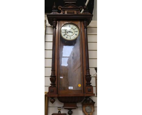 A Vienna regulator wall clock, in ornate mahogany case, with enamel dial, height approx 120cm 