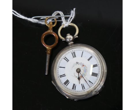 A lady's Continental engraved silver key-wind fob watch with enamel dial, working order 