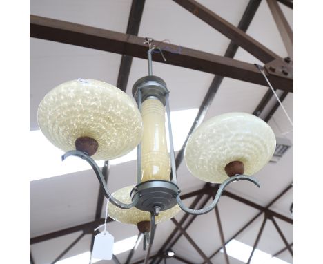 Art Deco 3-branch ceiling light fitting, with metal mounts and mottled glass shades, diameter overall 53cm 
