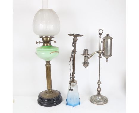 A Victorian brass oil lamp, with painted glass font and etched shade, height 72cm, silver plated lamp by Bright Argand, and a