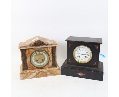 An early 20th century veined marble-cased 8-day architectural mantel clock, height 23cm, and a slate-cased mantel clock (2) 