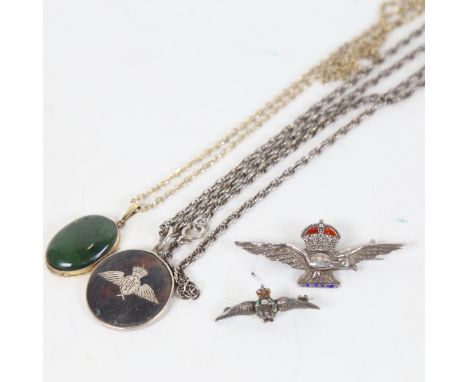 A silver and enamel sweetheart brooch, a silver and tortoiseshell circular sweetheart pendant and chain, a miniature silver a