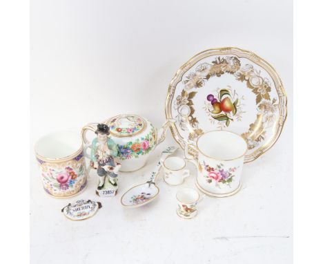 A Spode cabinet plate, miniature Royal Worcester cups with painted birds, teapot etc 