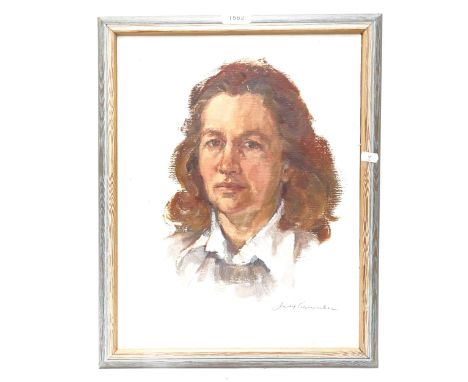 Judy Pennefather (Australian), oil on board, portrait of a lady, signed, framed, overall 48cm x 38cm 