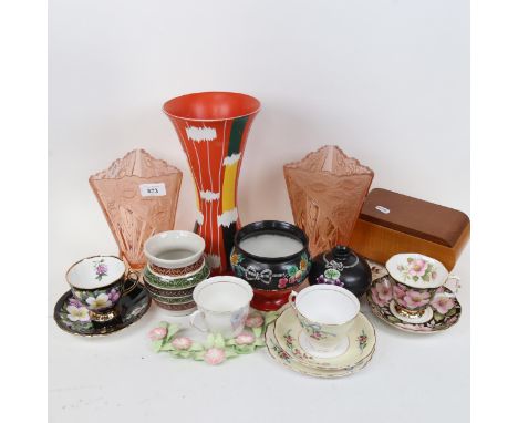 Various glass and ceramics, including pair of Art Deco peach glass vases, Royal Albert Provincial Flowers cabinet cup and sau