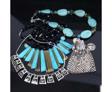 Various costume jewellery, including Mexican black enamel and silver plated fringe necklace, miser's purse etc 