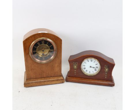 An oak-cased mantel clock, height 26cm, and a mantel clock with painted decoration 