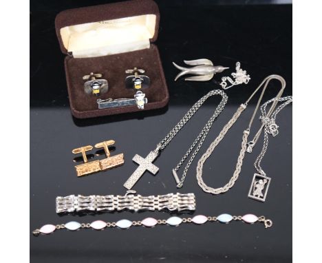 A pair of silver and enamel cufflinks, and tie clip, silver bracelets, a crucifix etc 