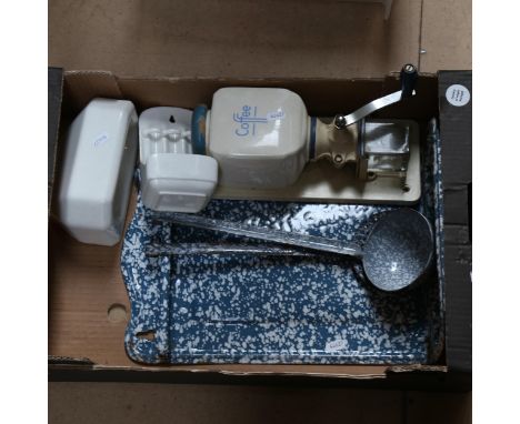 Wall-mounted Vintage coffee grinder, and a Continental enamel implement hanger 