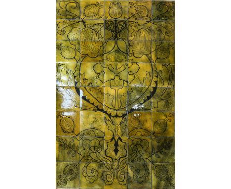 Beryl Turpin, a set of 40 enamel copper panel tiles, Art Nouveau style floral design, mounted on MDF backboard, each tile 15c