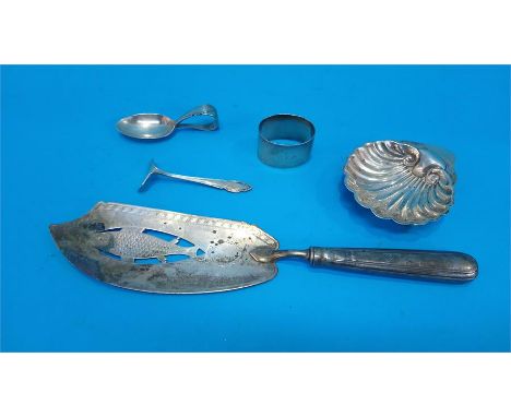 A Georgian silver fish slice, London 1802, a silver shell dish, a napkin ring, a silver caddy spoon etc.  Total weight 7.4oz/