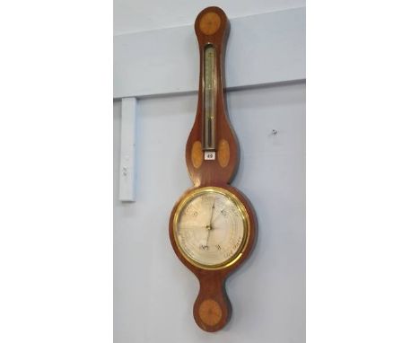 An Edwardian mahogany and marquetry inlaid banjo two glass barometer.  93cm high