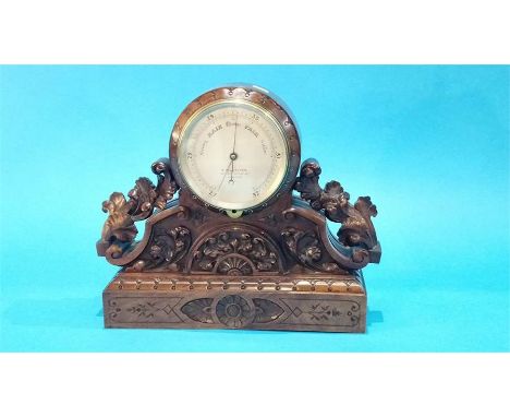 A carved walnut desk barometer by M. Pillischer of 88 New Bond Street, London.  28 cm high 30 cm wide