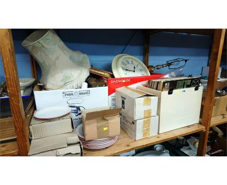 Shelf of records, dinner wares etc.