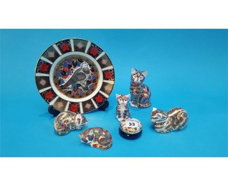 Five Royal Crown Derby paperweights 'Cats', a Dove plate and trinket box (with boxes and paperwork).