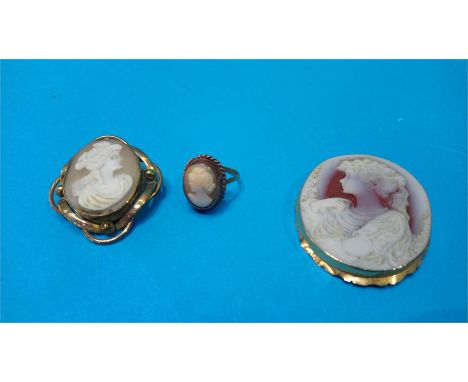 A Victorian oval Cameo brooch, the mount stamped 750, a small Cameo brooch and Cameo ring.
