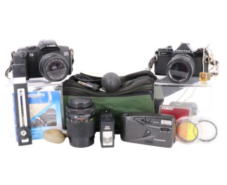 Three 35 mm film cameras and accessories, comprising a Canon EOS 5000, Pentax Asahi MV and a Panasonic C-D535AF Quartz Date, 