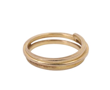 A 9 ct gold finger ring, comprising eccentrically coiled bands, London, 2004, 3.79 g, size P, 5.5 mm wide