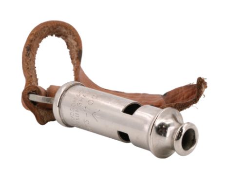 A late 20th Century British army issue Beaufort type whistle with leather strap