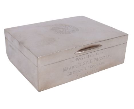 A British Army Royal Green Jackets regiment silver bound presentation table cigarette box, the hinged lid engraved with the r