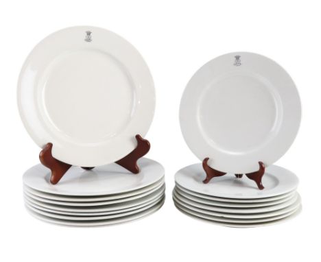 17 early 20th Century dinner and side plates, having a white body displaying Lord Lonsdale's cipher in black, made by 'The Ro