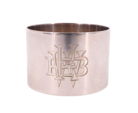 A cased 1920s silver napkin ring, faced with engraved initials, Sydney &amp; Co, Birmingham, 1922, 41 mm diameter, 29 g