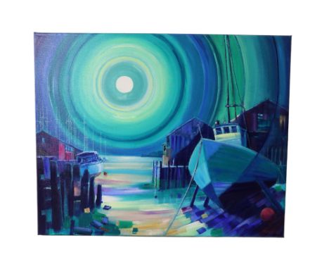 Jenny Abbott (Carlisle, contemporary) "Full Moon: Dockside", a vivid, verdant study of boats docked alongside stilt houses un