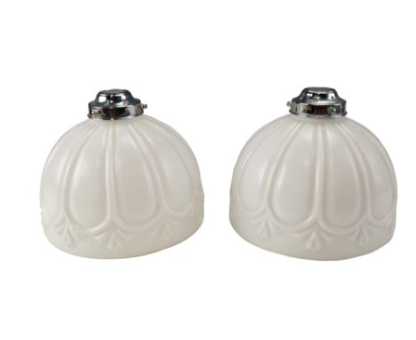 A pair of 1930s chrome mounted moulded milk-glass pendant light shades, 20.5 x 16.5 cm