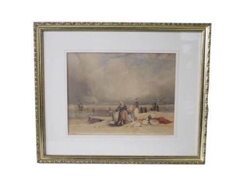 R P Bonington Two coastal studies of a couple on the sand sorting a fishing catch whilst a younger figure looks toward a ship