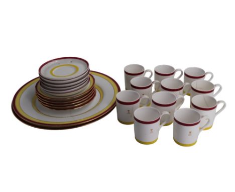 Early 20th Century Royal Worcester coffee cans, saucers and side plates, decorated with mauve and yellow, displaying the Yell