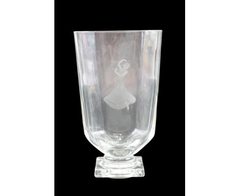 A free blown Orrefors style glass vase, wheel cut in depiction of a dancer, circa 1960s, 18 cm high, (minor chip to rim)
