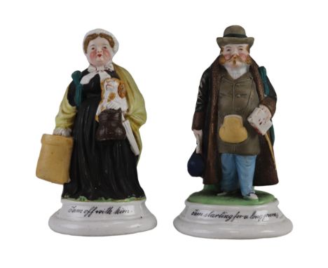 A pair of late 19th Century semi-bisque porcelain novelty figural match / vesta holders, "I am off with him" and "I am starti