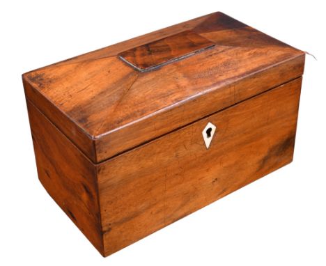 A late Georgian / Victorian mahogany two compartment tea caddy having a kite shaped ivory escutcheon, 20 cm x 11 cm x 13 cm, 