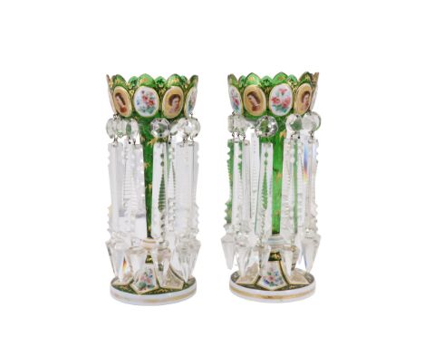 A pair of 19th Century Bohemian style glass lustres, the vases decorated with floral and portrait enamelled plaques on a gilt