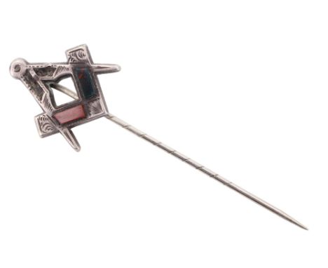 A Victorian Scottish style Masonic polished hard stone and white metal stick pin, terminal 23 mm x 25 mm